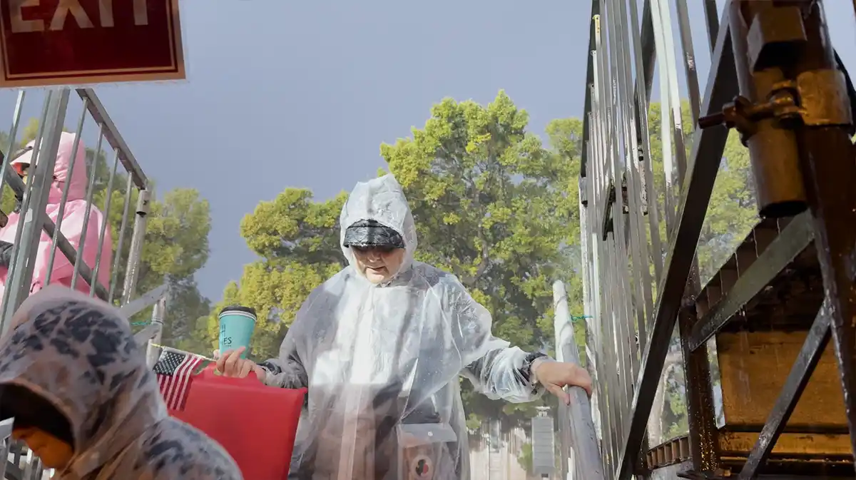 Rose Parade 2026 floats moving through torrential rain in Pasadena