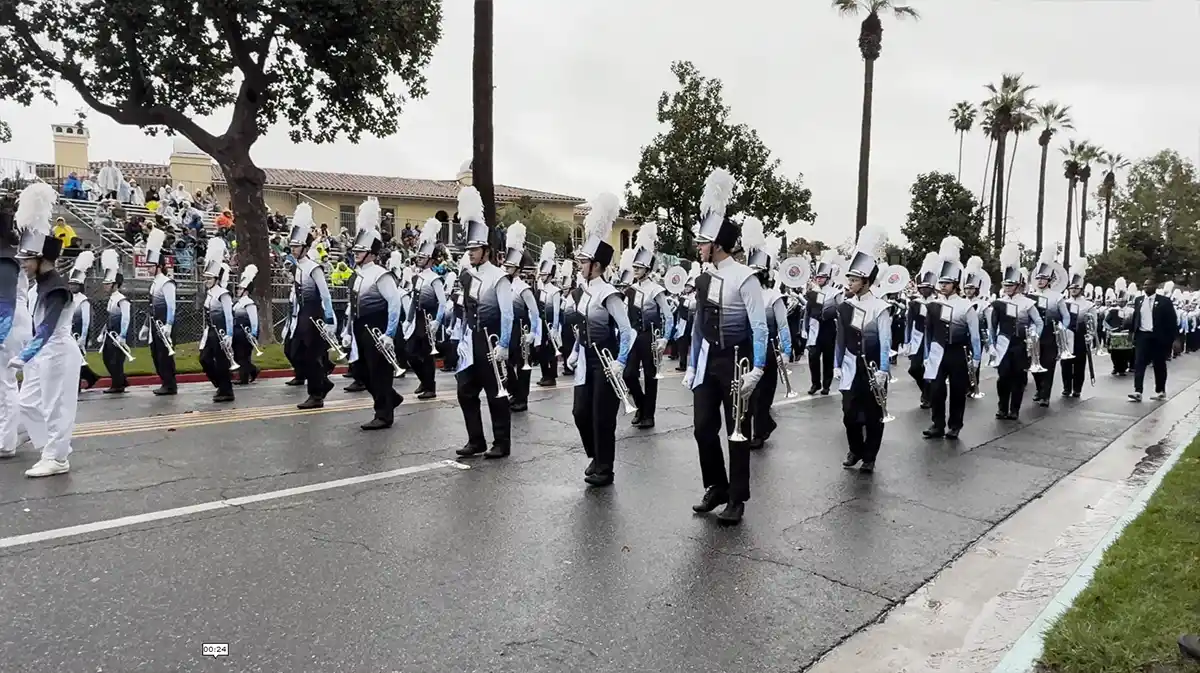 Rose Parade 2026 floats moving through torrential rain in Pasadena