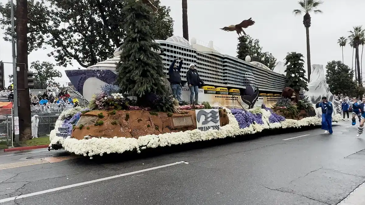 Rose Parade 2026 floats moving through torrential rain in Pasadena