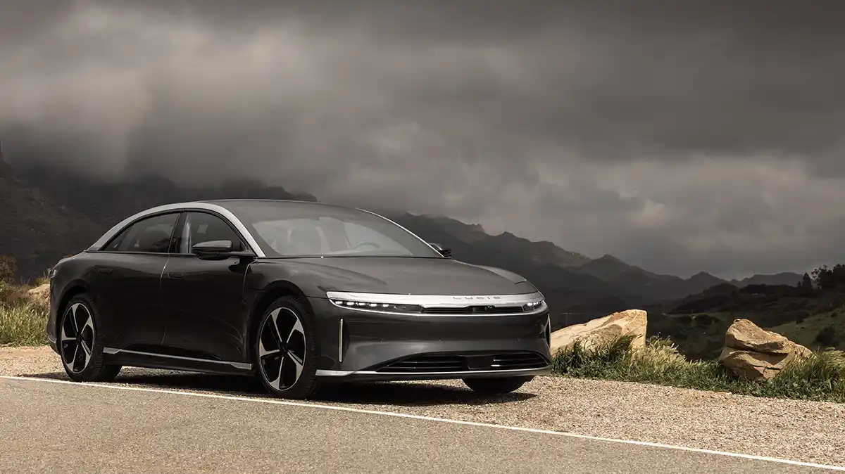 2026 Lucid Air Touring luxury electric sedan front three-quarter view