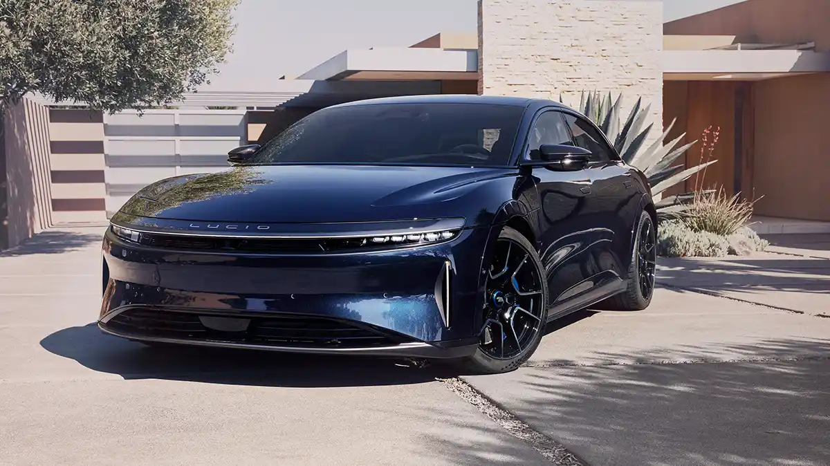 2026 Lucid Air Touring luxury electric sedan front three-quarter view