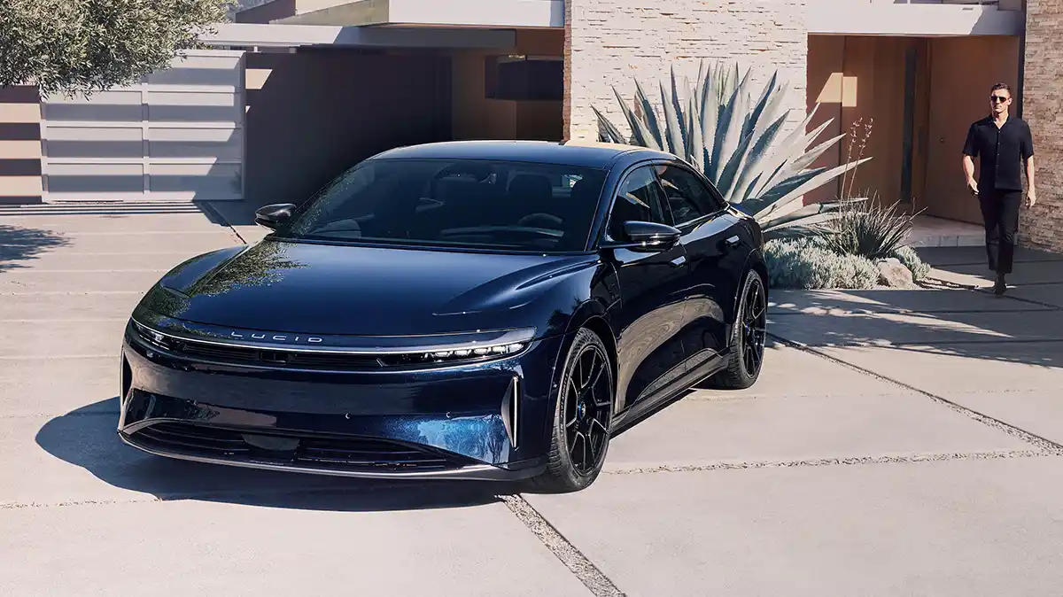 2026 Lucid Air Touring luxury electric sedan front three-quarter view