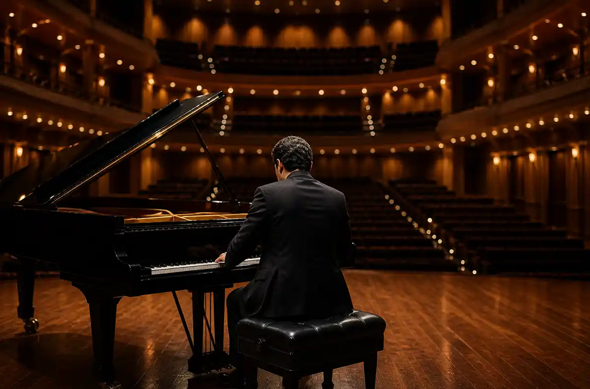 pianist performing at a grand piano on a warm-lit concert stage