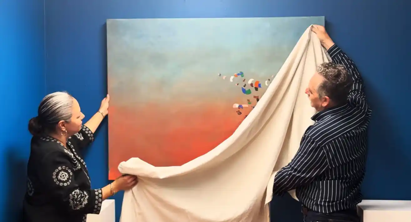 Ricardo Rodríguez-Long presents his new artwork The Cipher of the Self during the opening reception at Xorxa Fine Art in Santa Monica, California.