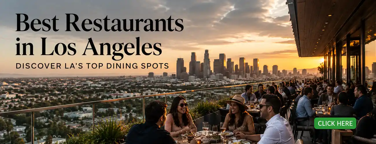 Realistic Los Angeles rooftop restaurant dining scene with sunset skyline views for LABest restaurant guide