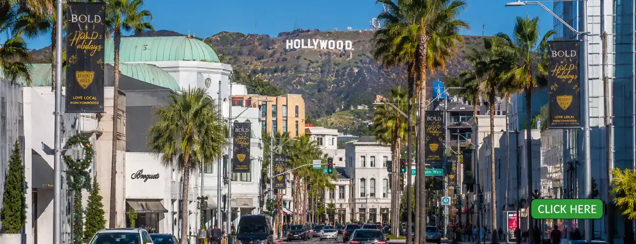 Where to Stay in Los Angeles with Beverly Hills streets, palm trees, luxury shopping, hotels, and the Hollywood Sign